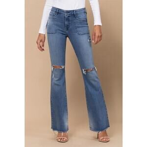 Hidden High Rise Busted Knee Flare Stretch Jeans Blue 28